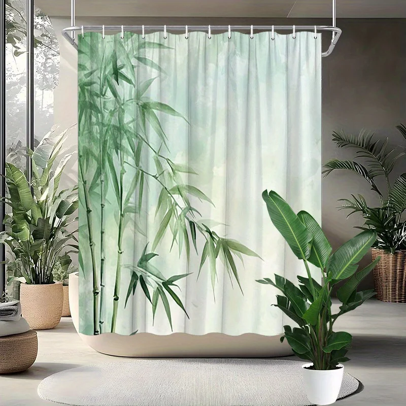 1pc Bamboo Watercolor Shower Curtain - Slender Green Bamboo Stalks & Narrow Leaves on Soft Pastel Gradient, Machine Washable