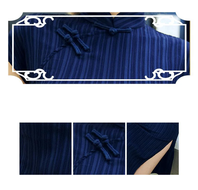 Cheongsam de algodón azul marino para mujer, vestido tradicional Vintage de alta moda, nuevo estilo chino, disfraces de espectáculo, largo medio, Qipao S2470