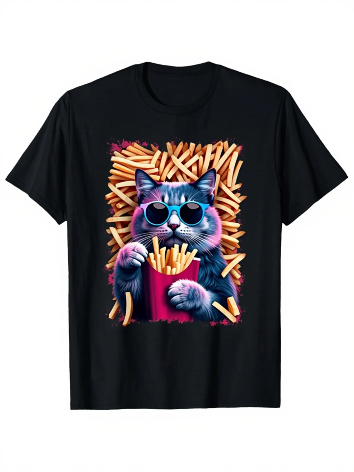 Funny Men's Black Graphic T-Shirt Cool Cat Wearing Sunglasses Holding French Fries Pop Art Food Lover Illustration 100% Cotton Heavyweight Short Sleeve Casual Streetwear Tee