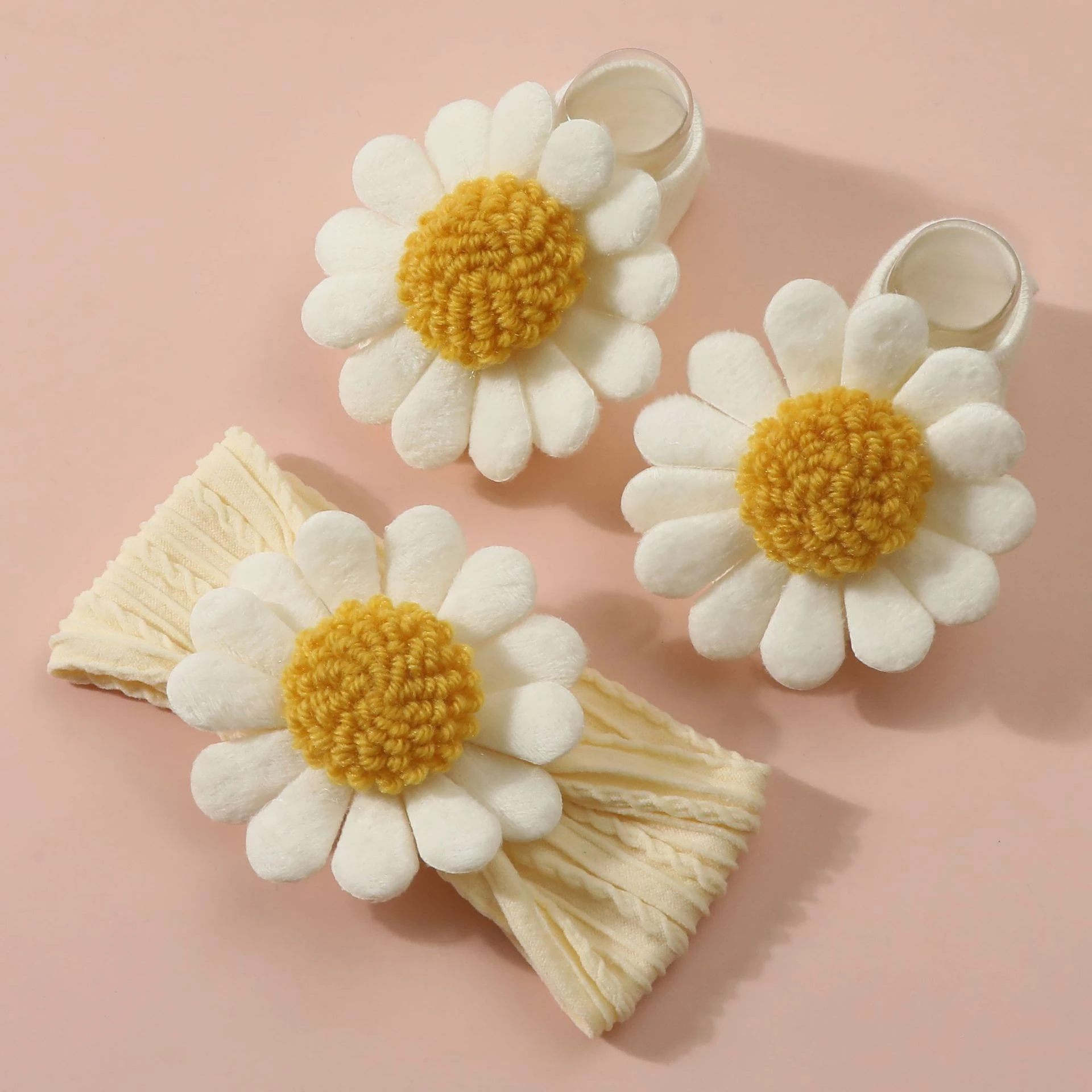 New 1 Set Lovely High Elastic Daisy Baby Socks Hairbands For Newborn Soft Knitted Floor Socks Headbands Girl Boy Cute Mid Socks