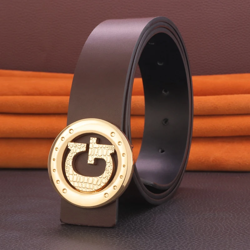 G レターバックルメンズベルト幅 3.8 センチメートル本革黒色ゴールデンウエストストラップ男性牛革