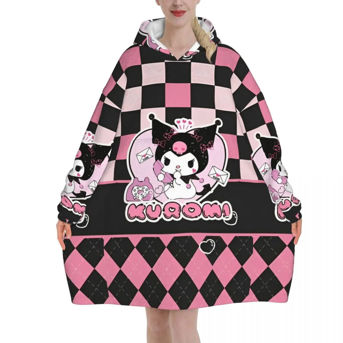 Kuromi Cartoon Cute Wearable Blanket Hoodie as Gifts Cozy Oversize Blanket Sweatshirt Thick Fleece Hooded Blanket with Pocket