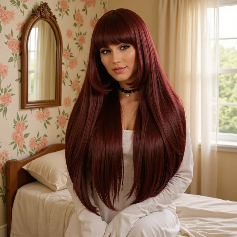 

Корейский парик в стиле принцессы, длинные прямые волосы, женский головной убор, модная челка, длинные прямые волосы, синтетический парик