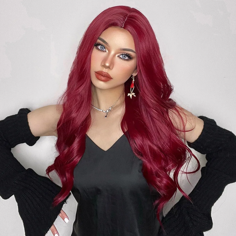 Red wine color parted long wavy synthetic wig for Halloween party cosplay role-playing wig for daily party hot wire wig set