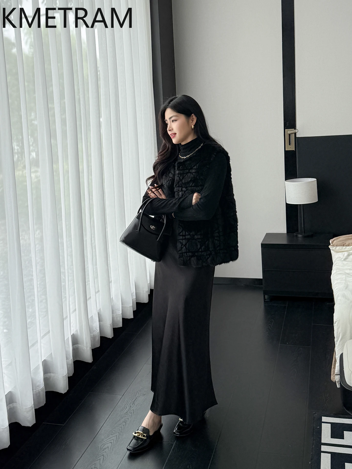 KMETRAM معاطف فرو منك كاملة مخملية طبيعية باللون الأرجواني للنساء سترة قصيرة من الفرو الحقيقي للخريف بدون أكمام ملابس خارجية 2025 schuba