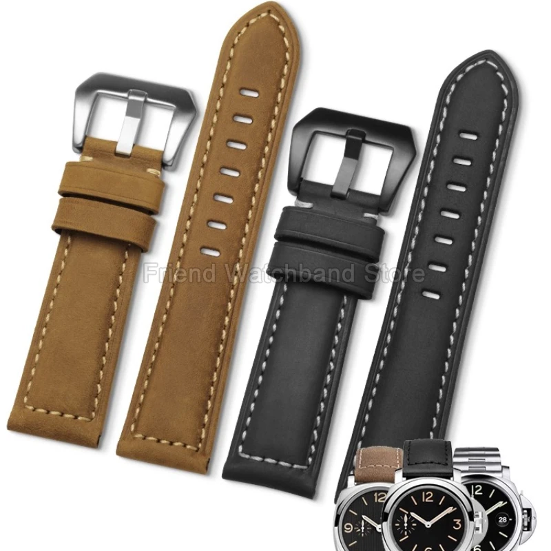 Breathable Flat Interface Needle Buckle Genuine Leather Watch Strap for Panerai PAM111 Seiko Prospex Black Brown Army-Green Blue