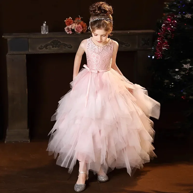

Kids Formal Dress Girls Party Gown Sleeveless Lace Top Tulle Skirt Princess Style Wedding Outfit Birthday Celebration Attire El