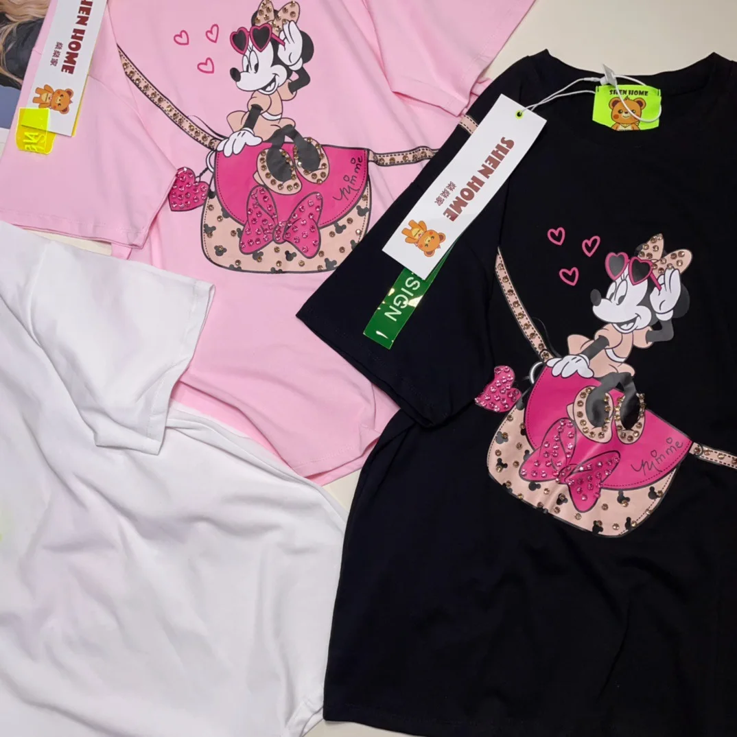 2024 Summer New Korean Style Loose Mid-Length Cute Cartoon Printed Short Sleeve T-shirt Fashion Casual Rhinestone Women Tops