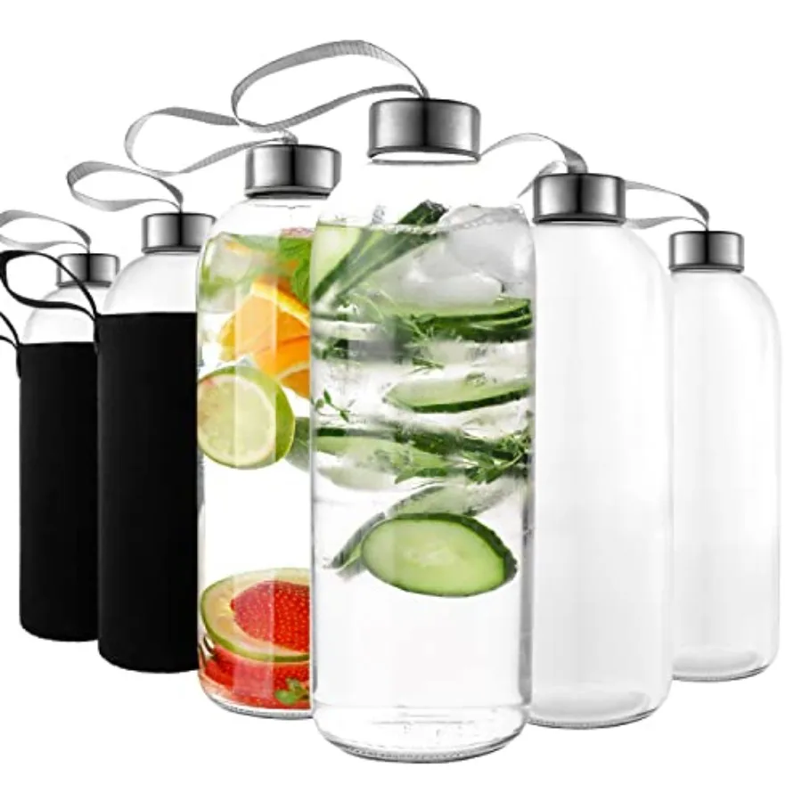 

Glass Water Bottle Set of 12 - Glass Water Bottles Caps and Sleeve Reusable Glass Bottle Lids Clear Glass Bottles Refillable Gl