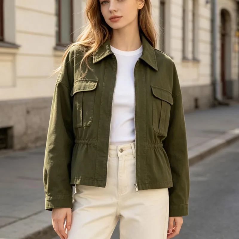 Women's collared work jacket  drawstring waist  large flap pockets  loose drop shoulder  solid color casual jacket