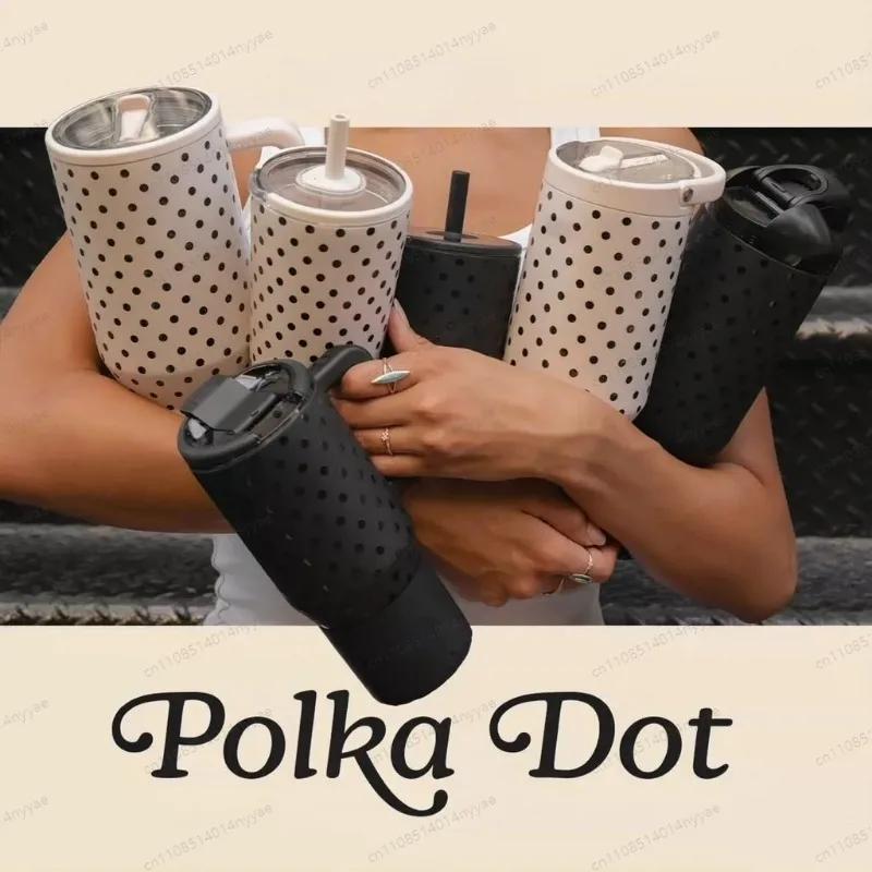 Polka Dot Insulated Tumbler French Vanilla Cream Black White Stainless Steel Vacuum Cup with Handle