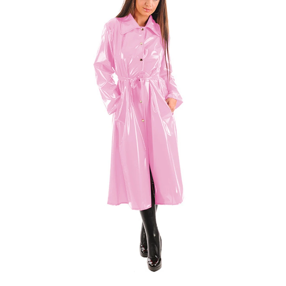 Women\'s PU Leather Turn-Down Collar Midi Trench, Shiny Faux Leather, Button-Up, Long Sleeve Dress Coats with Belt, Sexy Wet Look