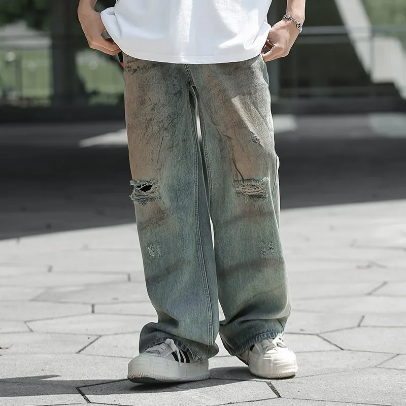 Calças Jeans Desbotadas Estilo Casual Unissex com Perna Reta e Larga, Efeito de Lama e Rasgos, Comprimento Total