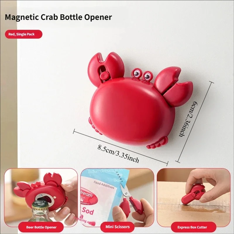 Cute Cartoon Crab Magnetic Bottle Opener 4-in-1 Fridge Magnet with Mini Scissors Box Cutter Multifunctional Kitchen Gadget
