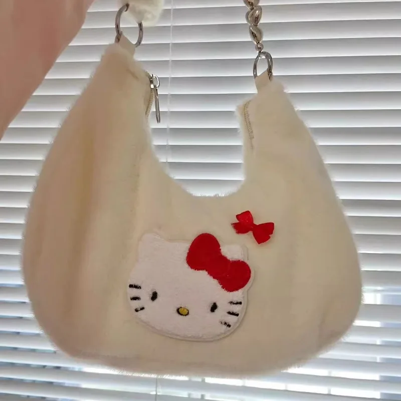 MBTI-Bolsos de hombro de Hello Kitty para mujer, bolso de mano de felpa blanca, bonito y dulce, Y2k, bolsos estéticos originales, 2024