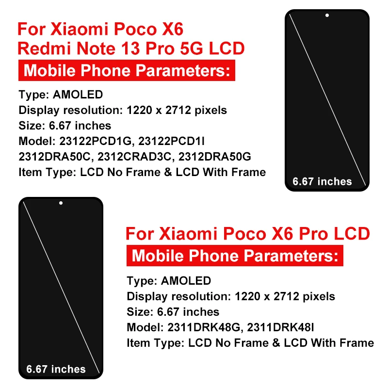 AMOLED For Xiaomi Poco X6 LCD Note 13 Pro 5G Display Touch Screen Digitizer Replace For Xiaomi POCO X6 Pro Display 2311DRK48G