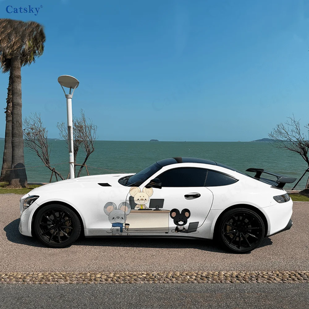 Three cute mice are chatting happily in the office, IP Image, PVC Material, Suitable for Most Vehicles, Side Decorative Sticker,