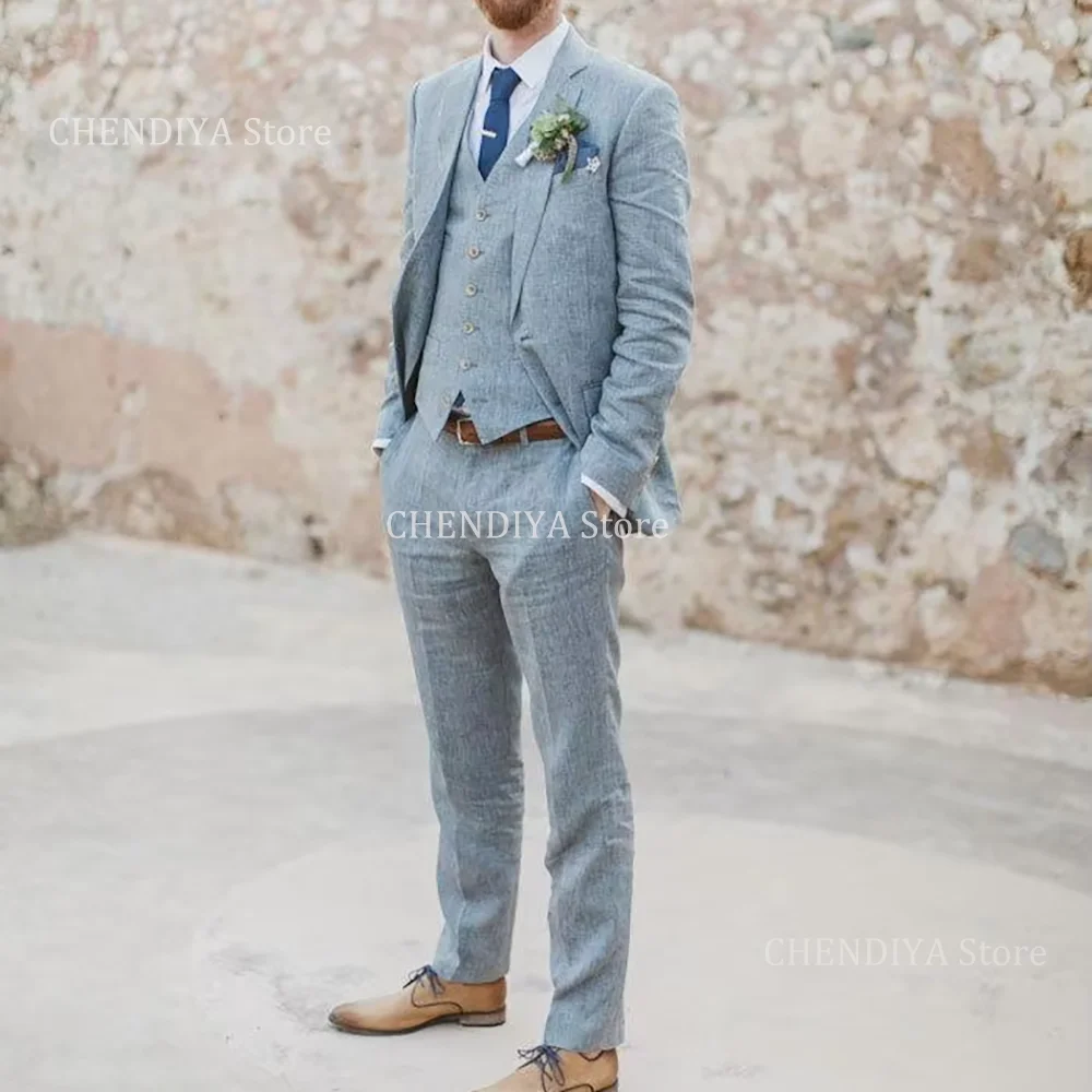 Trajes de hombre hechos a medida, esmoquin para novio, solapa de muesca de lino azul, trajes azules de verano para padrino de boda (chaqueta + pantalones + chaleco)