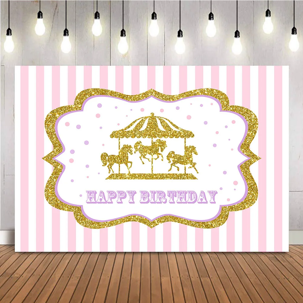 

Golden Carousel Backdrop Happy Birthday Theme Party Decoration Supplies Pink and White Stripes Photo Background Banner Props