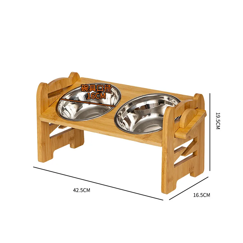 Bamboo and Wood Pet Dog Food Double Bowl Stand Feeding Rack Cat Bowl Rack Feeding Device Pet Bowl Stainless Steel Meal Rack