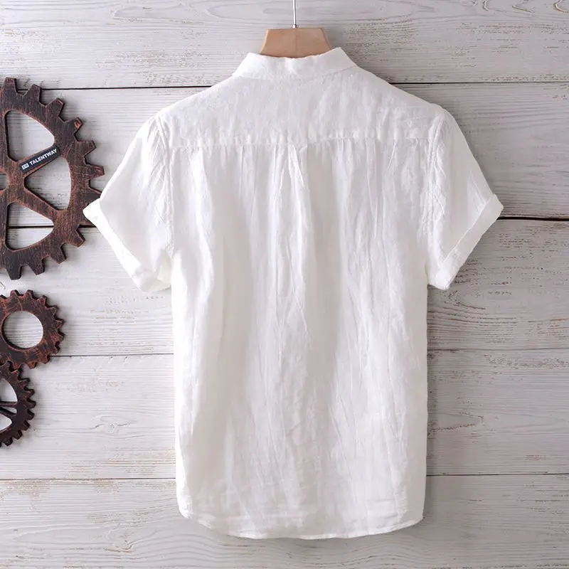 Japanese Retro Wrinkled Short-sleeved Linen Shirt for Men Summer Casual Thin Breathable Loose Half-sleeved Cotton Linen Shirt