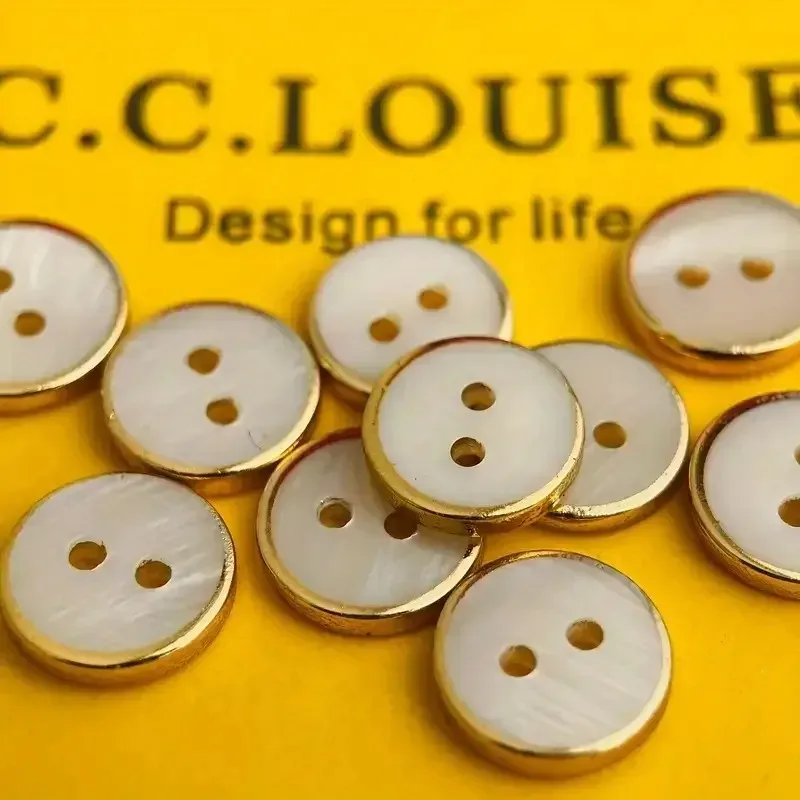 2-Hole Mother of Pearl Shell Buttons, Gold Plated Edge Round Sewing Buttons for Shirts, Blouses,DIY Clothing Decor Sewing Button