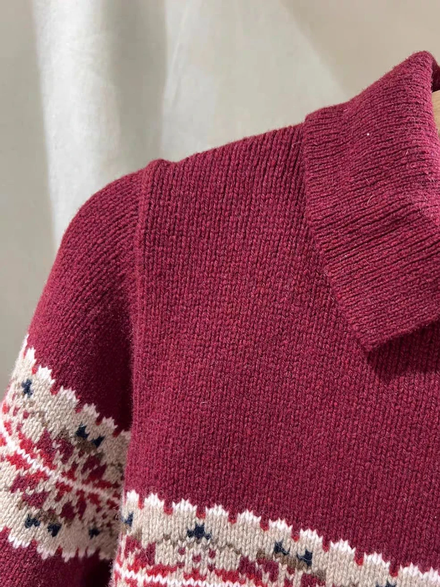 Autumn Snow Jacquard Vintage Sweater Cardigan Woman Turn Down Collar Zipper Long Sleeve Coat Casual Chic Sweet Cotton Sweaters