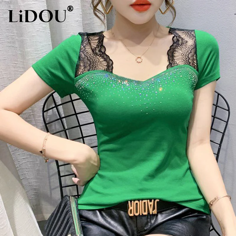 

Summer Square Collar Diamons T-shirt Ladies Short Sleeve Lace Patchwork Casual Pullovers Female Elegant Slim All-match Tee Top