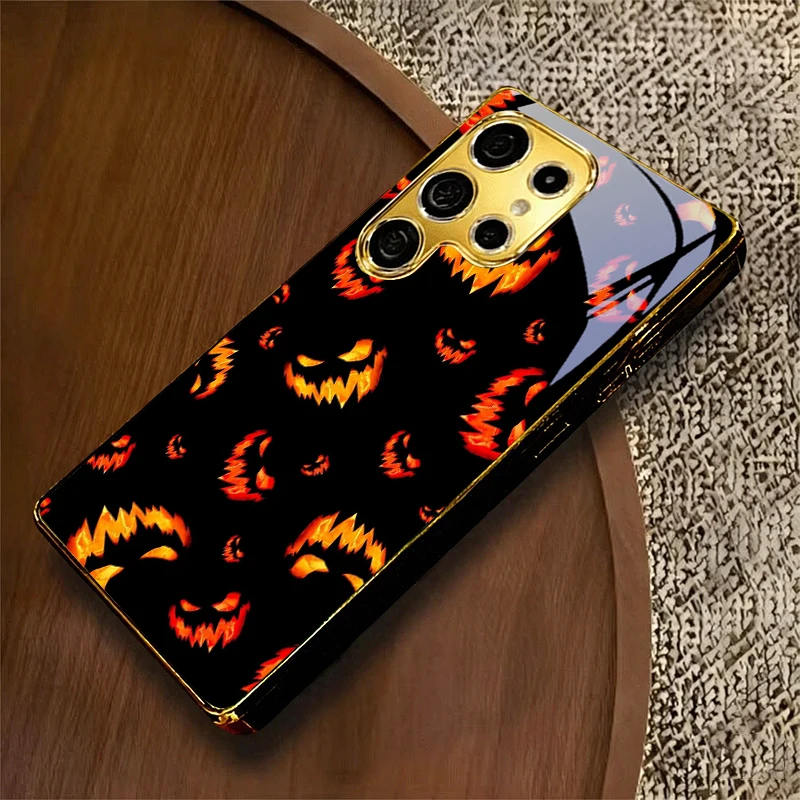 Pumpkin Face Art Electroplated Golden Phone Case For Samsung A36 A33 A53 A73 A14 A34 A54 A15 A35 A55 A06 A16 57 Glass Back Cover