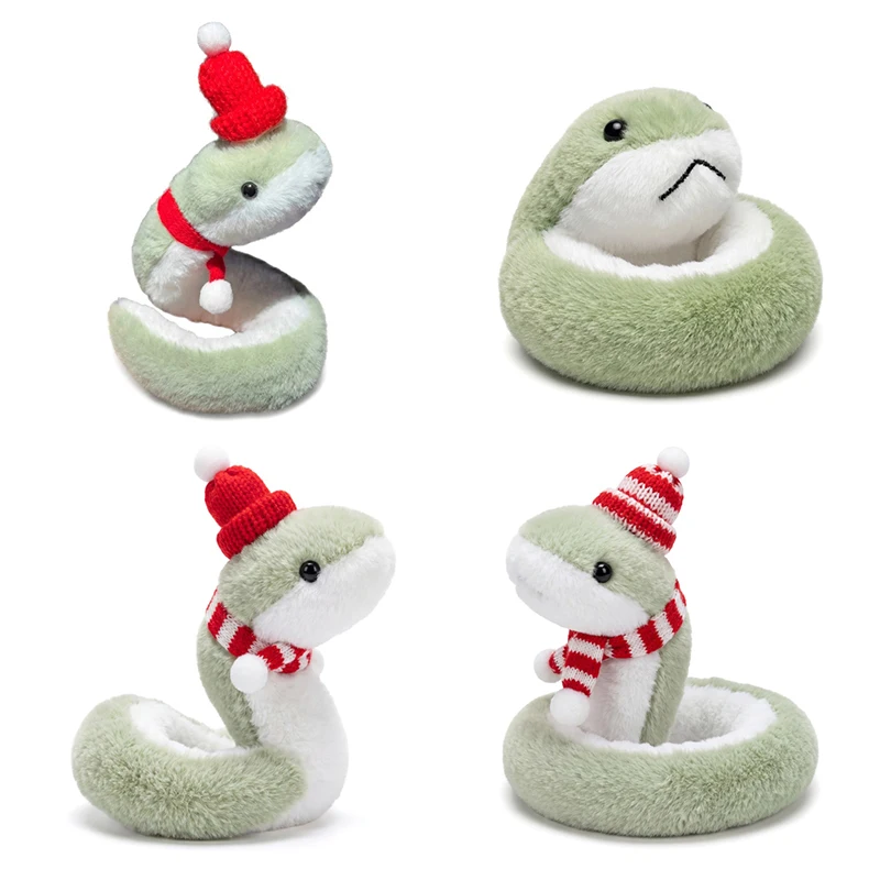 Bendable Coiled Snake Stuffed Plush Toy 4 Styles with Knitted Christmas Hat Flexible Animal Plushie Holiday Desktop Decor Gift
