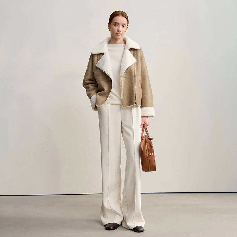 AMII معطف المرأة 2025 شتاء جديد دافئ جميع الصوف فضفاض معاطف الفرو امرأة طويلة الأكمام سستة الصلبة تنوعا سترة أعلى 12554001