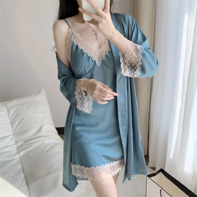 Summer New Robe Set Silk Satin Lingerie Women Sleepwear Lace Flower Nightwear Nightgonw Sexy Slip Home Dress Kimono Bath Gown