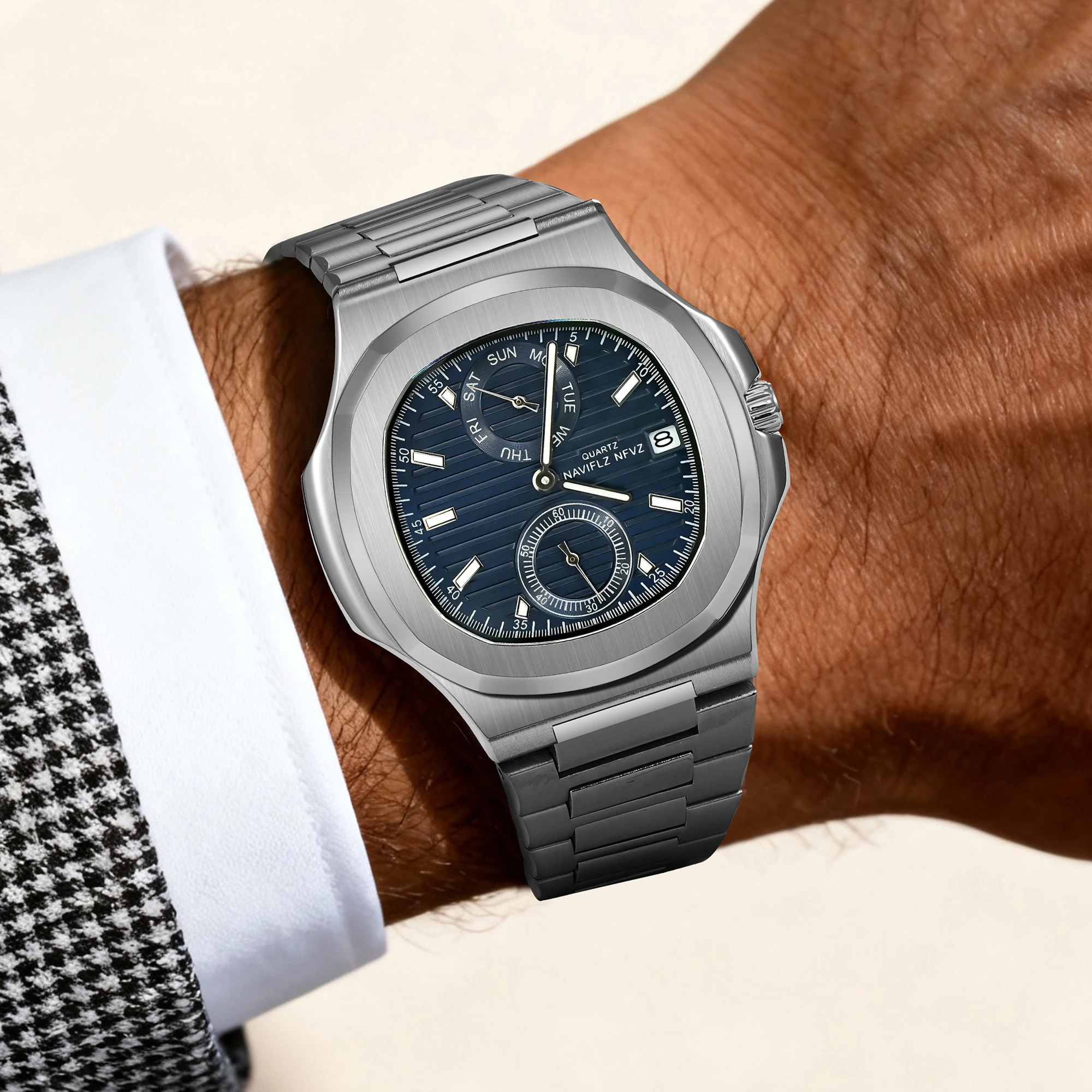 

Мужские кварцевые часы NAVIFLZ NFVZ 40 мм, высококачественные, с четырьмя многофункциональными маленькими циферблатами, водонепроницаемые, светящиеся, с календарем, сапфировое стекло