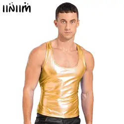 Mens Sleeveless Racer Back Slim Fits Camisole Tops Shiny Metallic Vest Top Deep U-neckline Tank Top Rave Party Clubwear