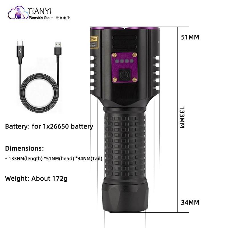 Lámpara de pegamento de curado UV, agente fluorescente de identificación del hogar, luz púrpura, linterna impermeable de alta potencia de 365NM