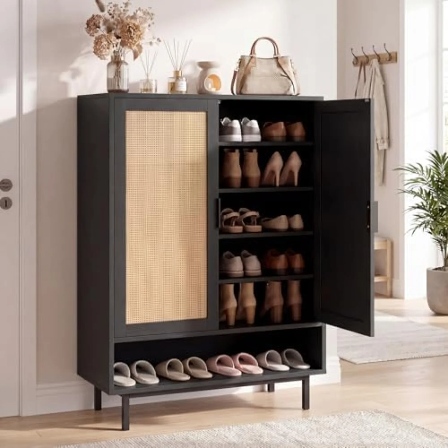 Shoe Storage Cabinet with 2 Doors, 6-Tier Rattan Shoe Organizer with Adjustable Shelves & Open Compartment