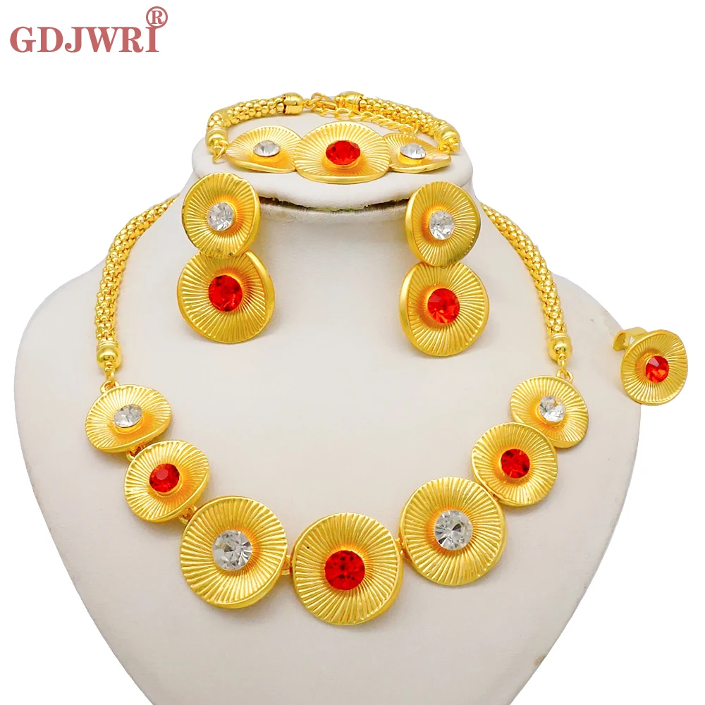 Luxus Dubai Gold Farbe Doppels chicht Halskette Schmuck Sets für Frauen afrikanischen Wasser tropfen Kristalls chmuck indischen Set Geschenke – Detail 14