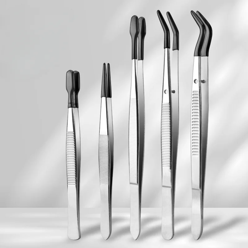 1/2/3/4/5pcs Tweezers Set with Rubber Coated Tips - Bent & Straight Flat Tip for Stamping, Jewelry Crafts, and Electronics