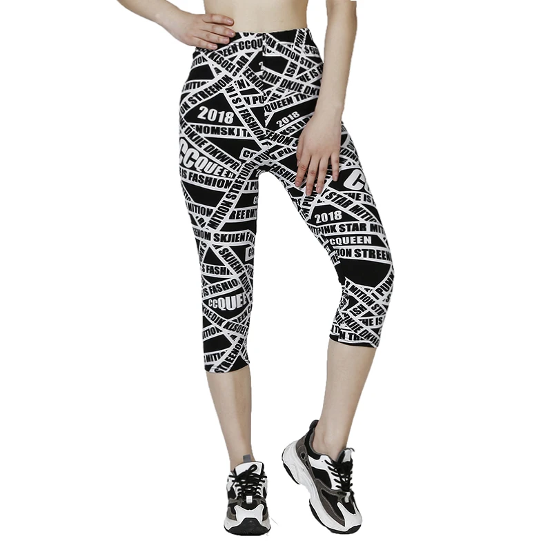 QR51 Women\'s Cropped Pants, Sports and Fitness, WOMEN\'S Clothing, Summer Leggings, Black and White Letter Printed Tight Pants