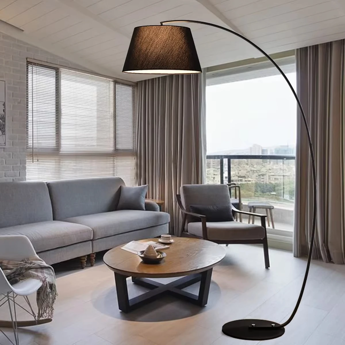 Simple Modern Sofa Table Upright Lamp Bedroom Large Black Metal Fabric Decoration Home Bedside Light LED Living Room Floor Lamp