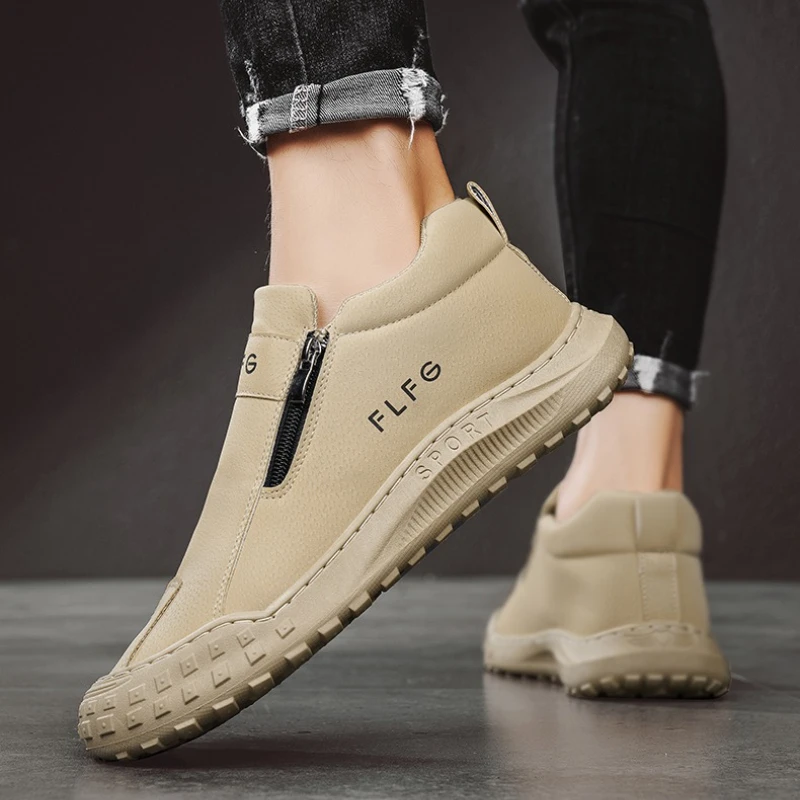 

Men's Side Zipper Solid Color Flat Middle Top Wear-resistant and Anti-slip Outdoor Fashionable All-season Casual Sports Shoes