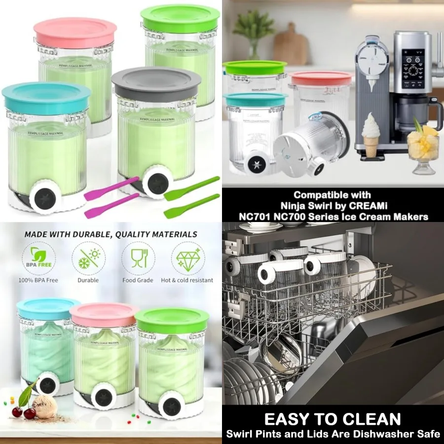 

4 Pack for Ninja Creami Swirl Containers and Lids NC701 NC701C, Creamy Pints Cups Compatible with Ninja Swirl Ice Cream and Sof