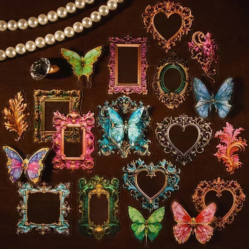 30Sheets Stickers Fantasy Baroque European Border Butterfly Handbook Green Enamel Gorgeous Gold Decorative Stationery 150*105MM