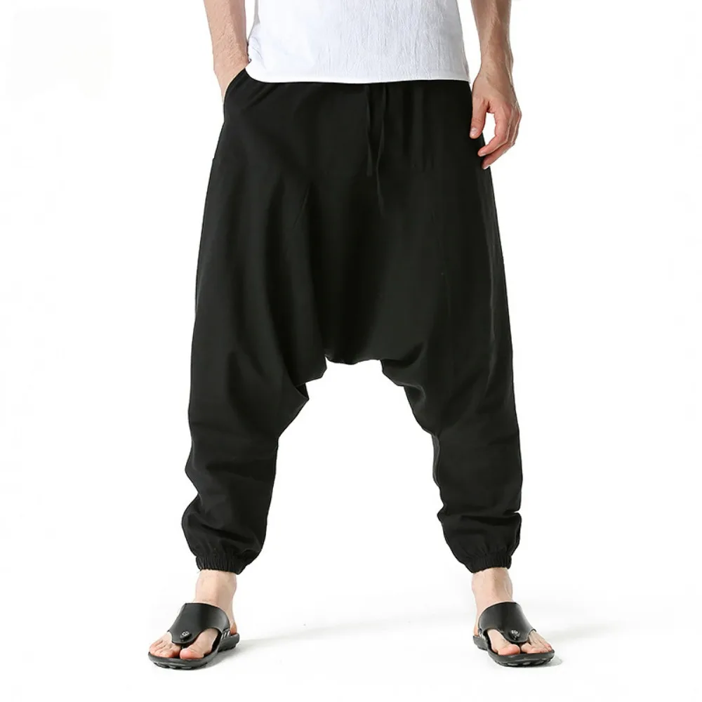 Men Cotton and Linen Pants Harem Pants Baggy Casual Oversize Loose Joggers Wide Leg Pants Yoga Drop Crotch Trousers Hip Hop