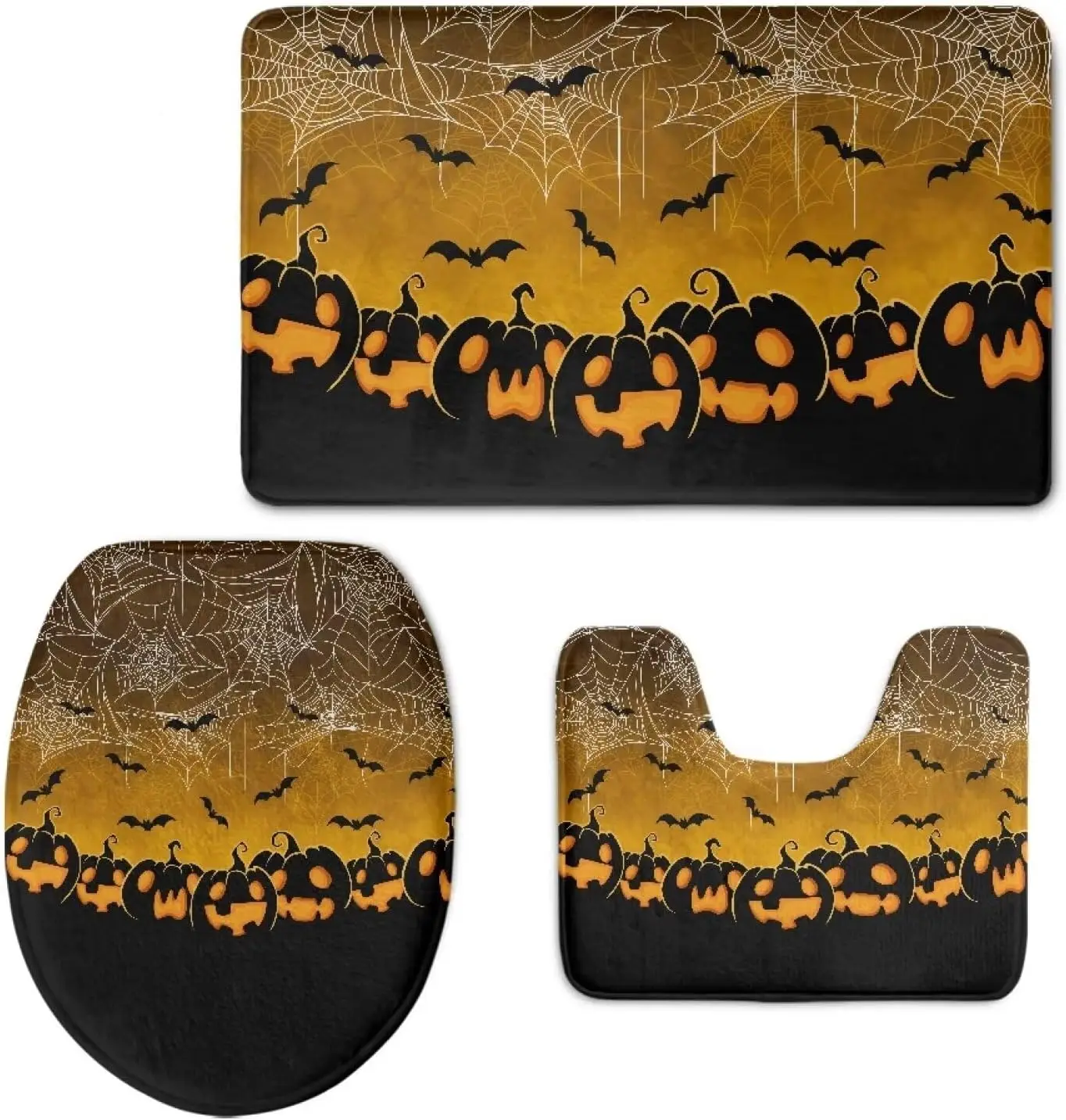 

3 шт. набор для ванны на Хэллоуин, принт летучей мыши, тыквы, паутины, нескользящая толстая фланелевая крышка для унитаза, жуткий домашний декор