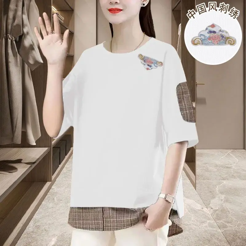 Chinese Style Embroidered Short T-Shirt Women's Spring Summer New Model 7-Minute Sleeve Plus Size Mid-Length Sleeveless Top