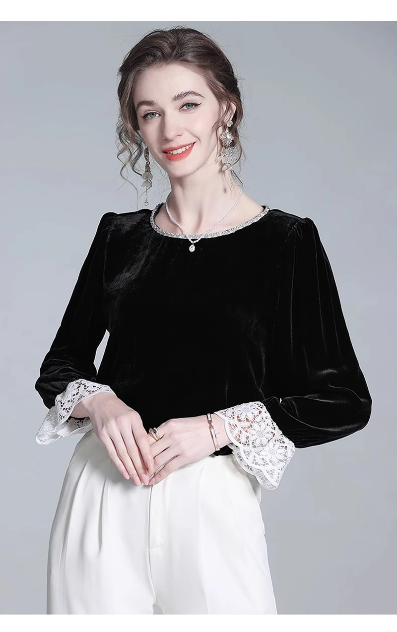 Luxurious Silk Velvet Women's T-shirts with Lace Edges, Trendy Fashionable, Exuding Urban Charm. Soft Lustrous, Delicate Smooth