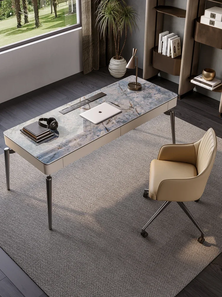 N19 Light Luxury Desk Stone Plate Home Study Desk Office Computer Desk Designer Napa Leather