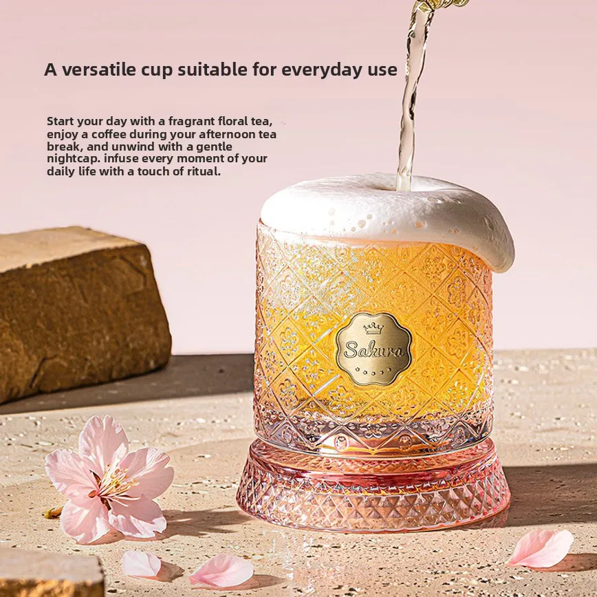 1pc Pink Sakura Rotating Glass Cup Whiskey Tumbler Beer Mug Household Juice Milk Cold Drink Cup Creative Wine Glass