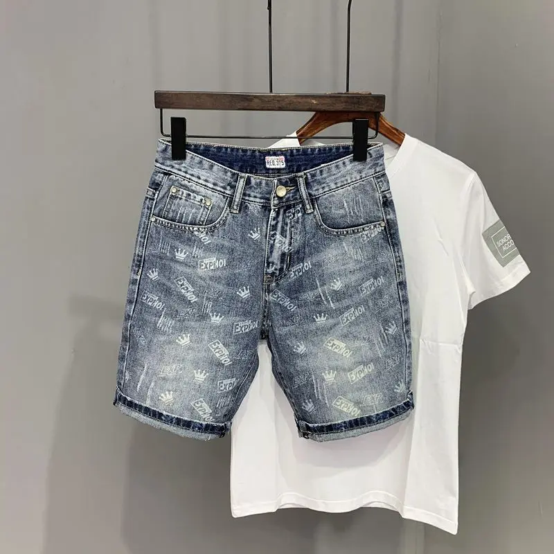 Summer 2025 Denim Shorts Men's New Trendy Brand Printing Cowboy Luxury Clothing Slim Casual Pants Korean  Men's Jeans Shorts